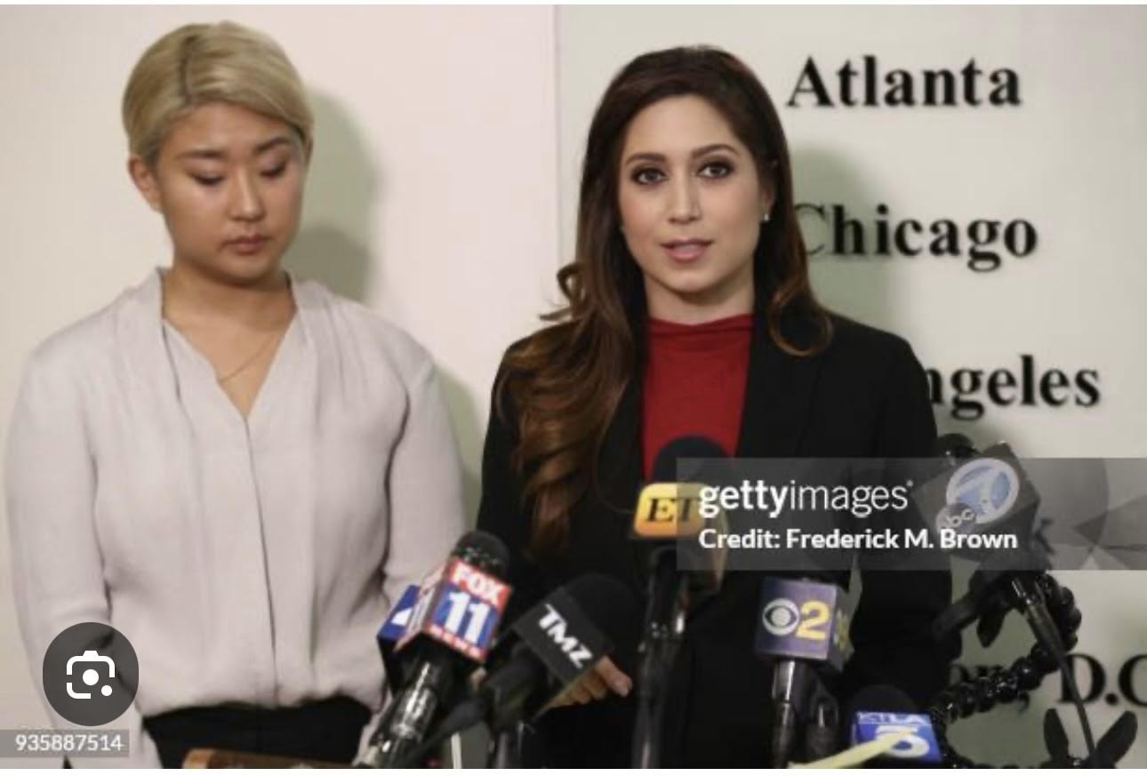 Anahita Sedaghatfar speaking to national press alongside her client at a press conference